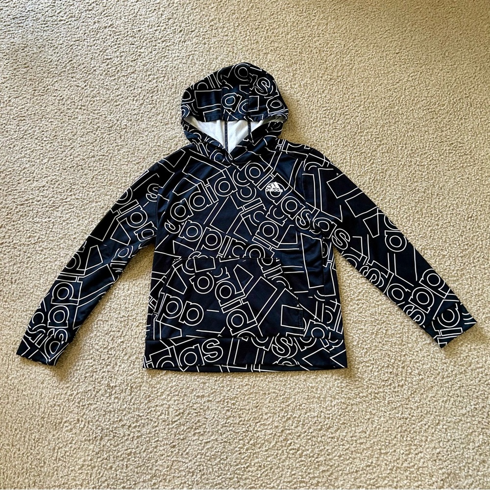 Adidas Kids Black and White Graphic Hoodie size M medium 10/12